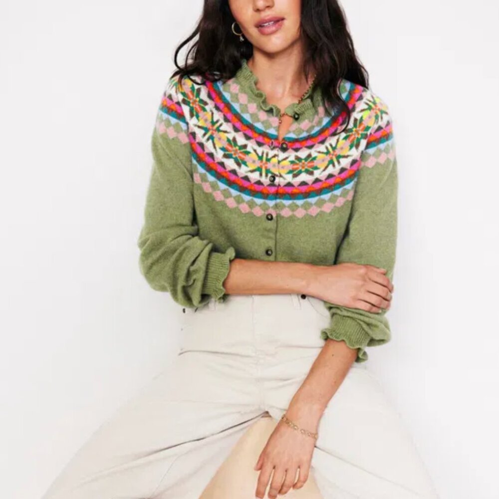 Boden Green Fair Isle Button-Front Cardigan - Picture 6 of 8
